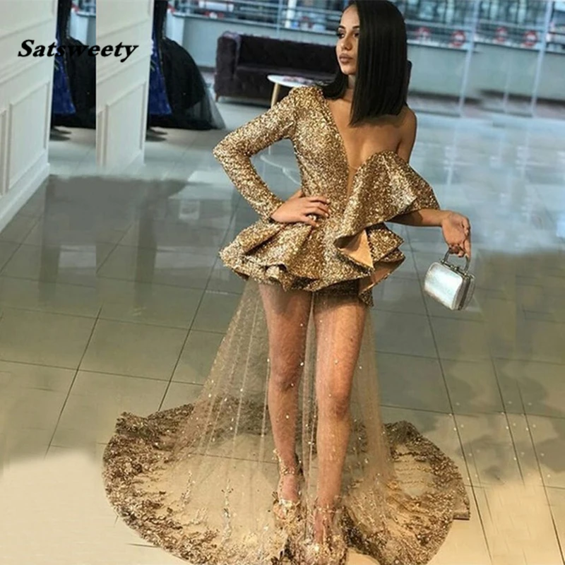 

Sexy Gold Sequins Prom Dress Single Long Sleeves Ruffles Tulle Appliques Sheer Women Party Dresses Evening Pageant Gowns