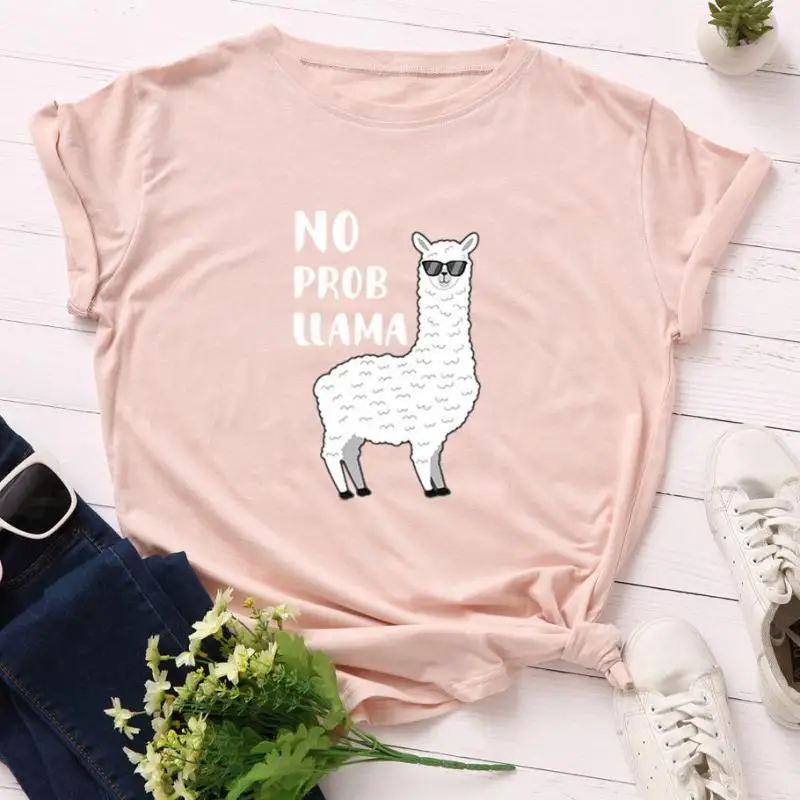 Женская свободная футболка с коротким рукавом и принтом альпака|Футболки| |