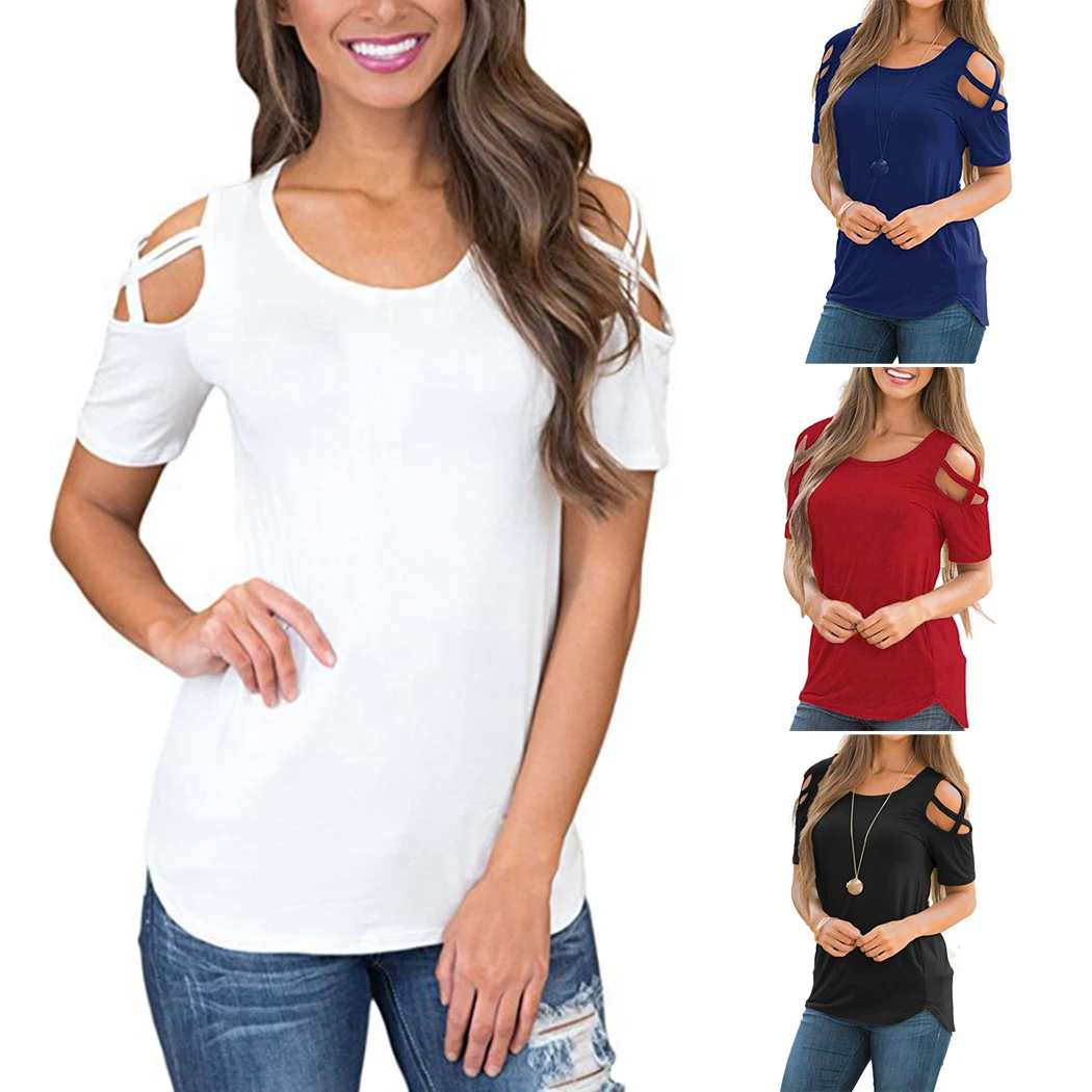 2018 Лидер продаж женские открытыми плечами футболка женская летняя Повседневное