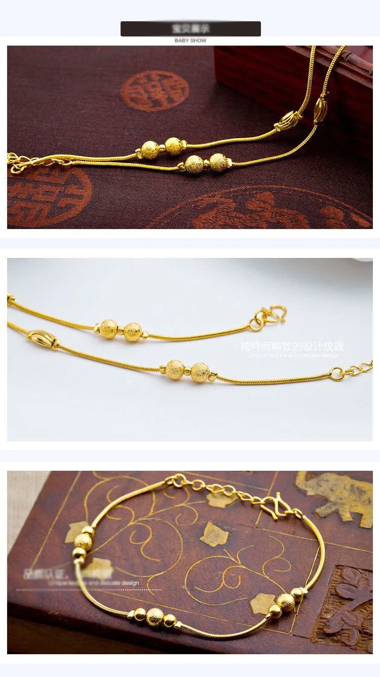 MxGxFam( 17 cm+ 4 cm) Small Snake Beads Bracelets Anklets Jewelry For Women Pure Gold Color Allergy Free