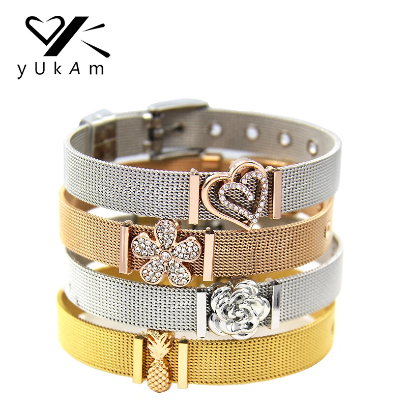 YUKAM, серебряный, розовый, золотой цветок, нержавеющая сталь, сетчатый Браслет, набор, кристалл, любовь, двойное сердце, сетка, хранитель, браслет для женщин, ювелирное изделие