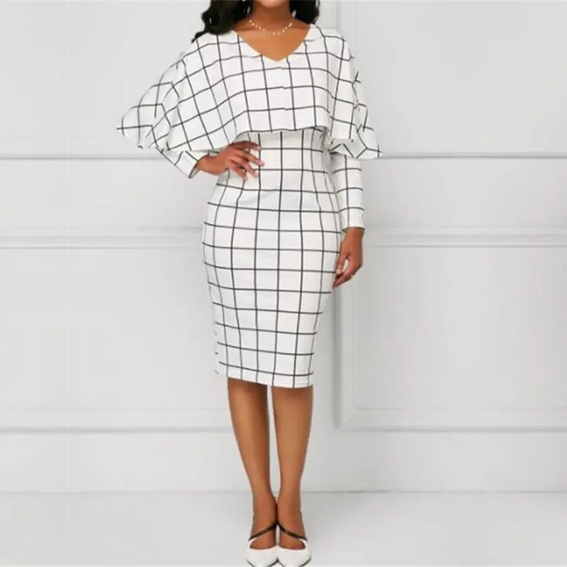 Women Plaid Bodycon Dress Elegant Office Vintage Cloak Long Sleeve White Sexy African Casual Midi Dresses Female Spring Autumn | Женская
