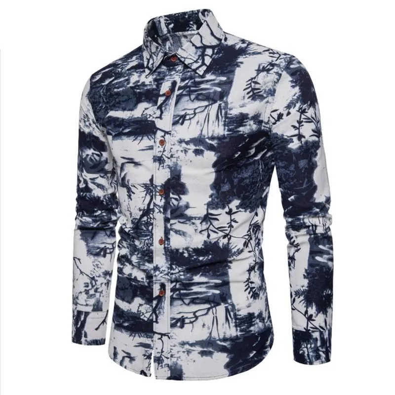 WIPU Модная рубашка мужская льняное платье рубашки Slim Fit с отложным воротником мужская гавайская рубашка с длинными рукавами большие размеры M-5XL - Цвет: 15