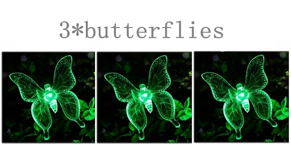 RGB светодиодный садовый светильник на солнечной батарее Открытый водонепроницаемый для украшения сада бабочка птица Стрекоза современный Путь Газон солнечный светильник Декор - Испускаемый цвет: 3 butterflies
