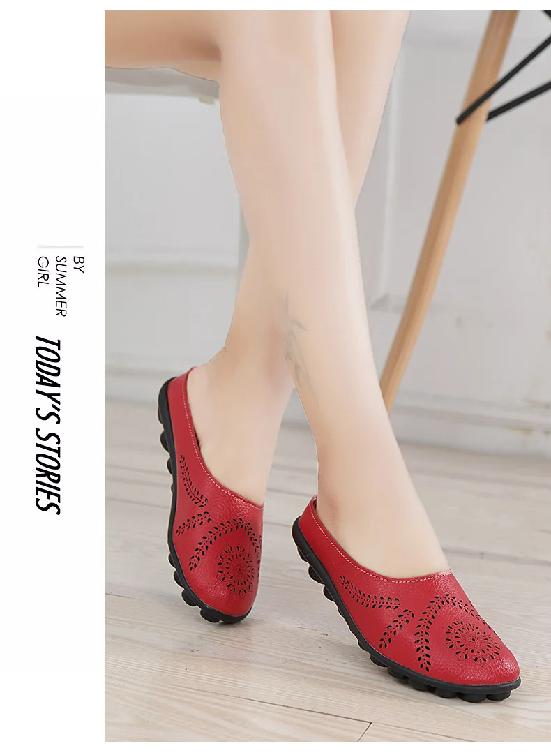 Women Flats Breathable Summer Genuine Leather Shoes Women Casual Slip On Loafers Plus Size 44 Mocassin Femme Nurse Flat Shoes