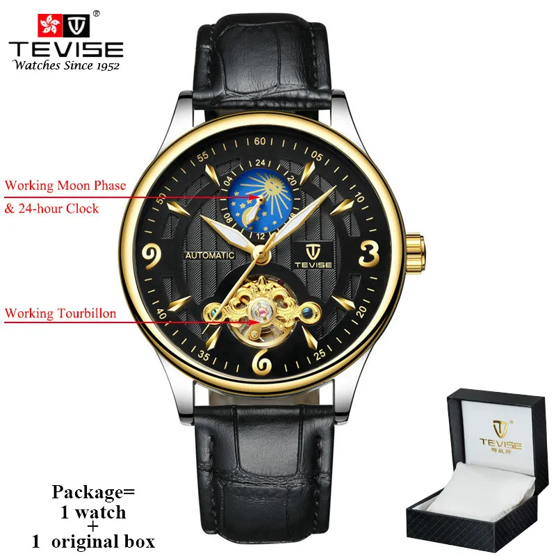 black and box TEVISE автоматические механические часы с турбийоном, мужские кожаные деловые повседневные наручные часы с подсветкой и фазой Луны, RelogioT820B - Цвет: black and box