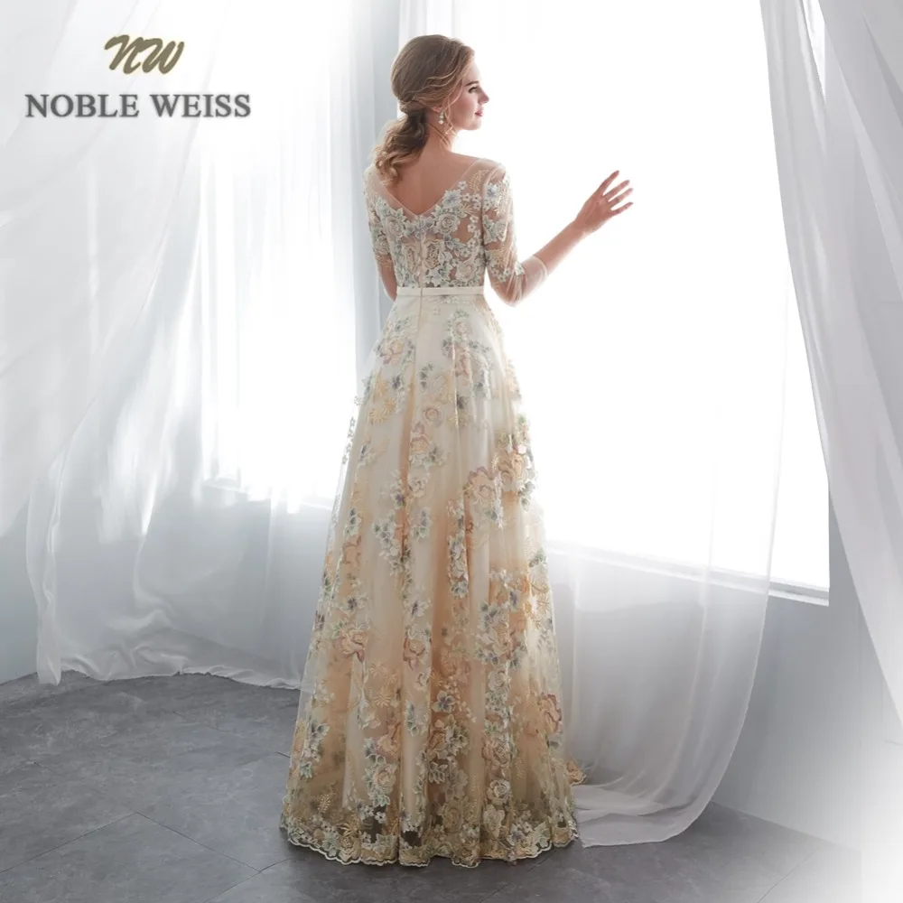 NOBLE WEISS 3/4 вечерние платья с рукавами, прозрачные кружевные платья с круглым вырезом для выпускного вечера, официальное кружевное платье трапециевидной формы, Vestido de festa longo