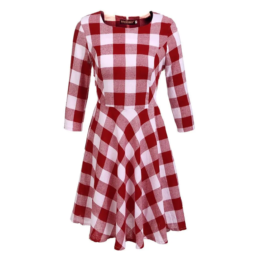 2018 осеннее женское платье Повседневное плед 3/4 рукав Платье с круглым воротником