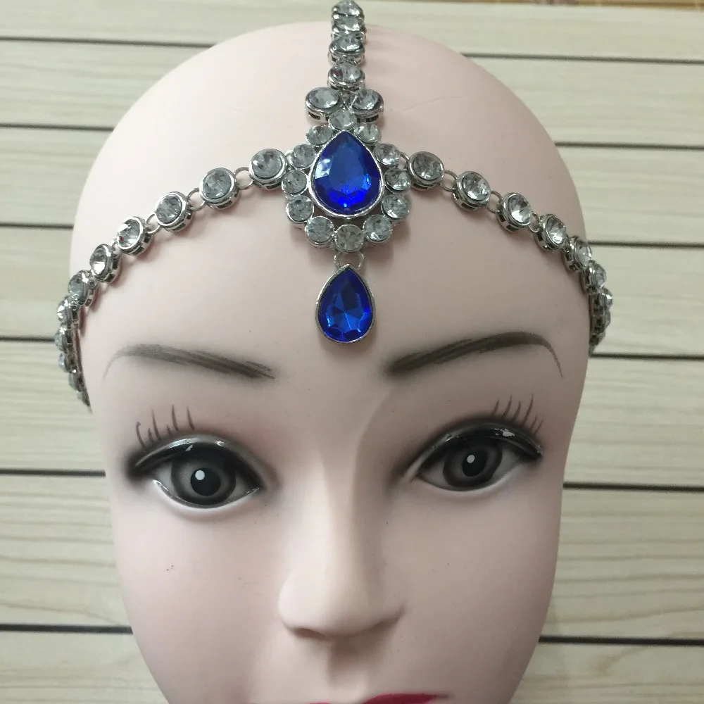 Ручной Работы Kundan синие камни волос цепь для головы цепи свадебные украшения