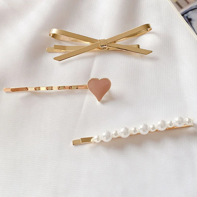 3 шт./компл. металлический бант жемчужные заколки для волос женские с сердцем