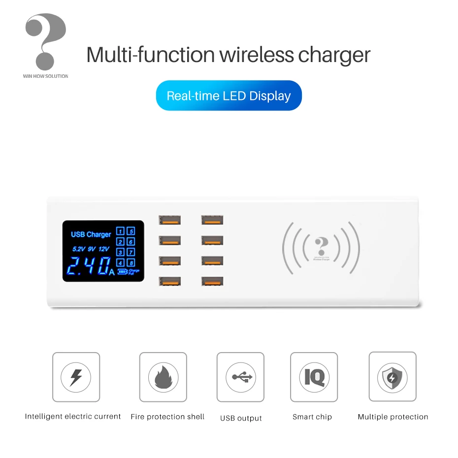 Беспроводное зарядное устройство Qi, умное USB быстрое зарядное устройство, несколько портов, светодиодный дисплей, зарядка, концентратор, розетка, адаптер для Xiaomi, samsung, huawei
