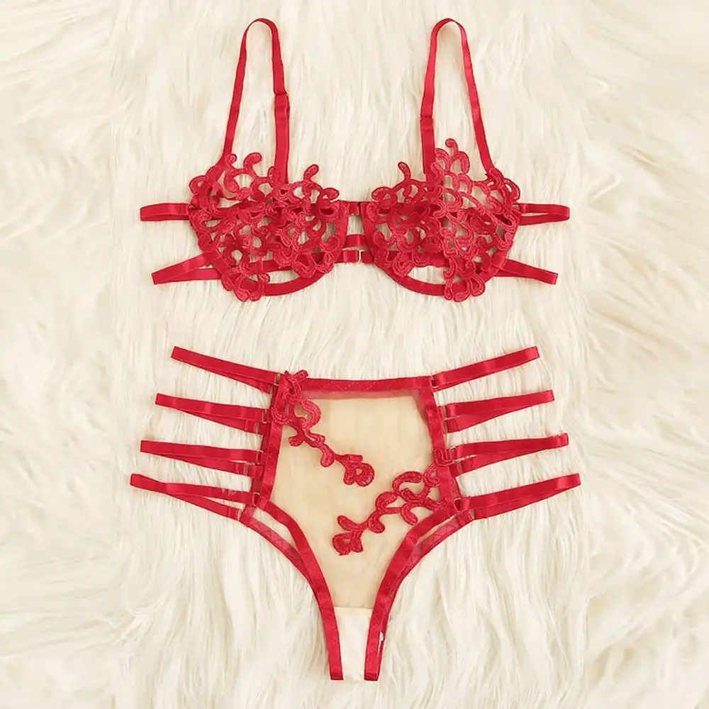 Комплект женского нижнего белья с дырочкой эротический красный кружевной