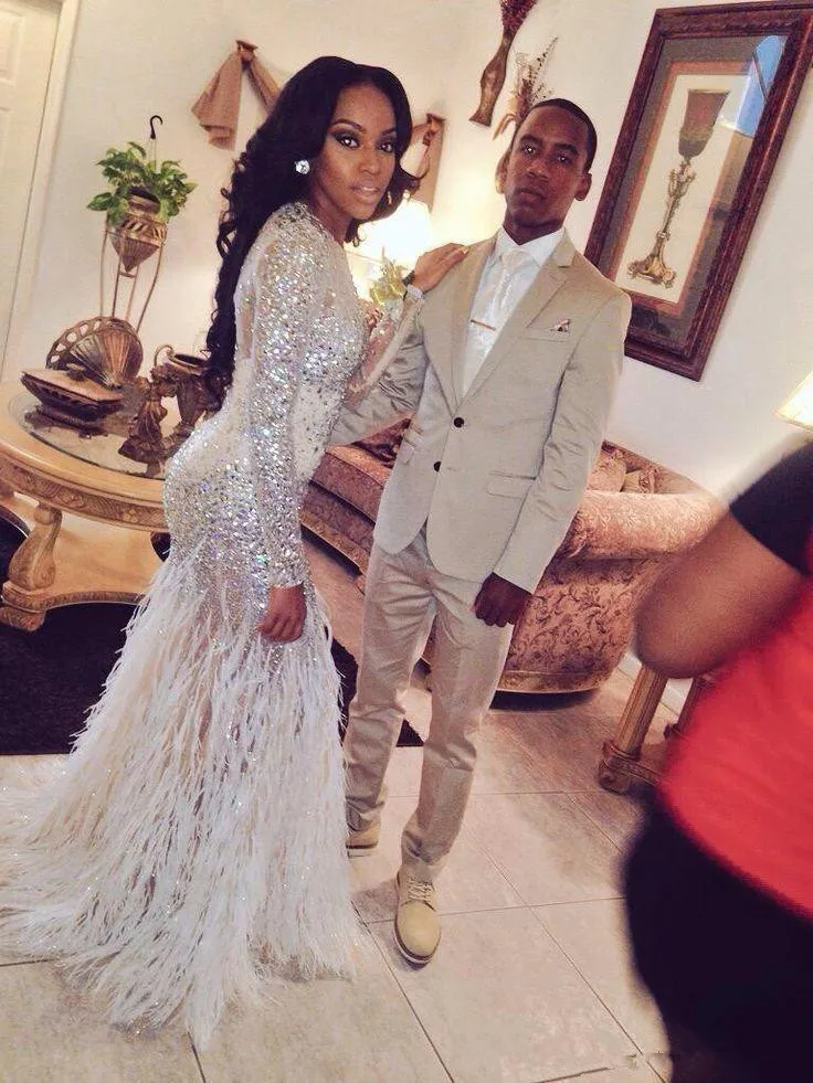 Сексуальные Выпускные платья с африканскими перьями длинным рукавом Роскошные