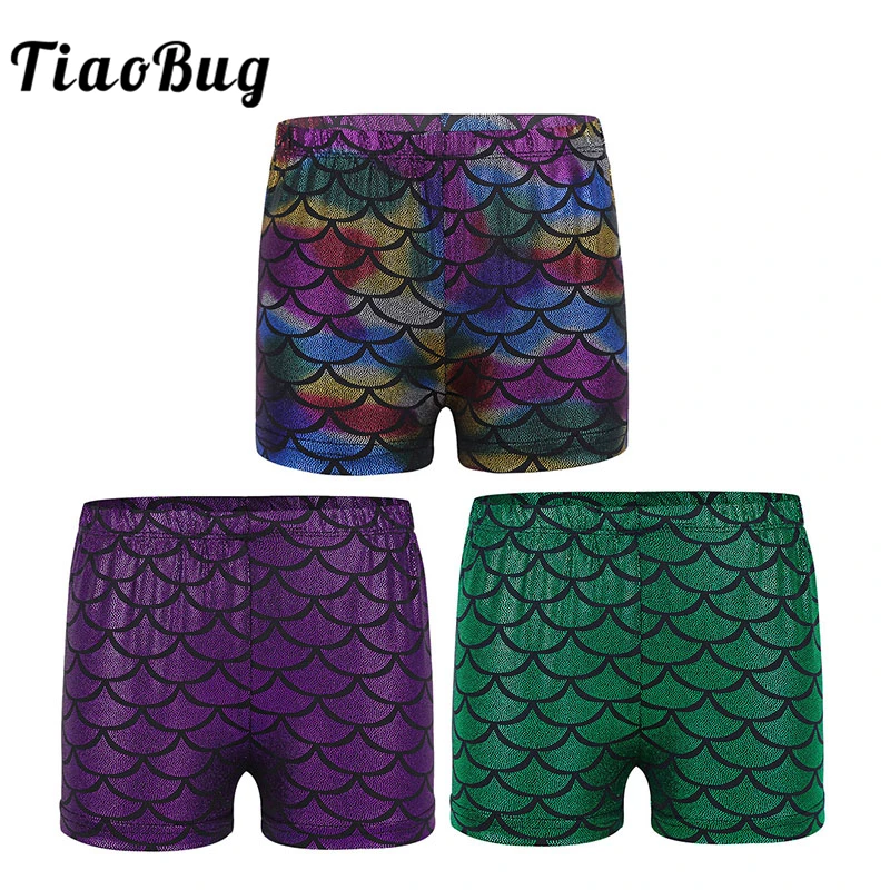 TiaoBug Kids Low Rise Shiny Mermaid Scales Pattern Dance Shorts Bottoms Girls Gymnastic Sports Workout Gymnastics Yoga | Тематическая