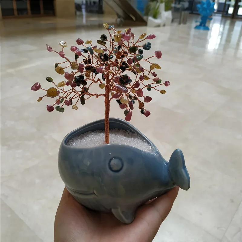 tourmaline in shark Хрустальный Турмалин Lucky Money каменное дерево Статуэтка украшения фэн-шуй для декора подарок на день рождения CH - Цвет: tourmaline in shark