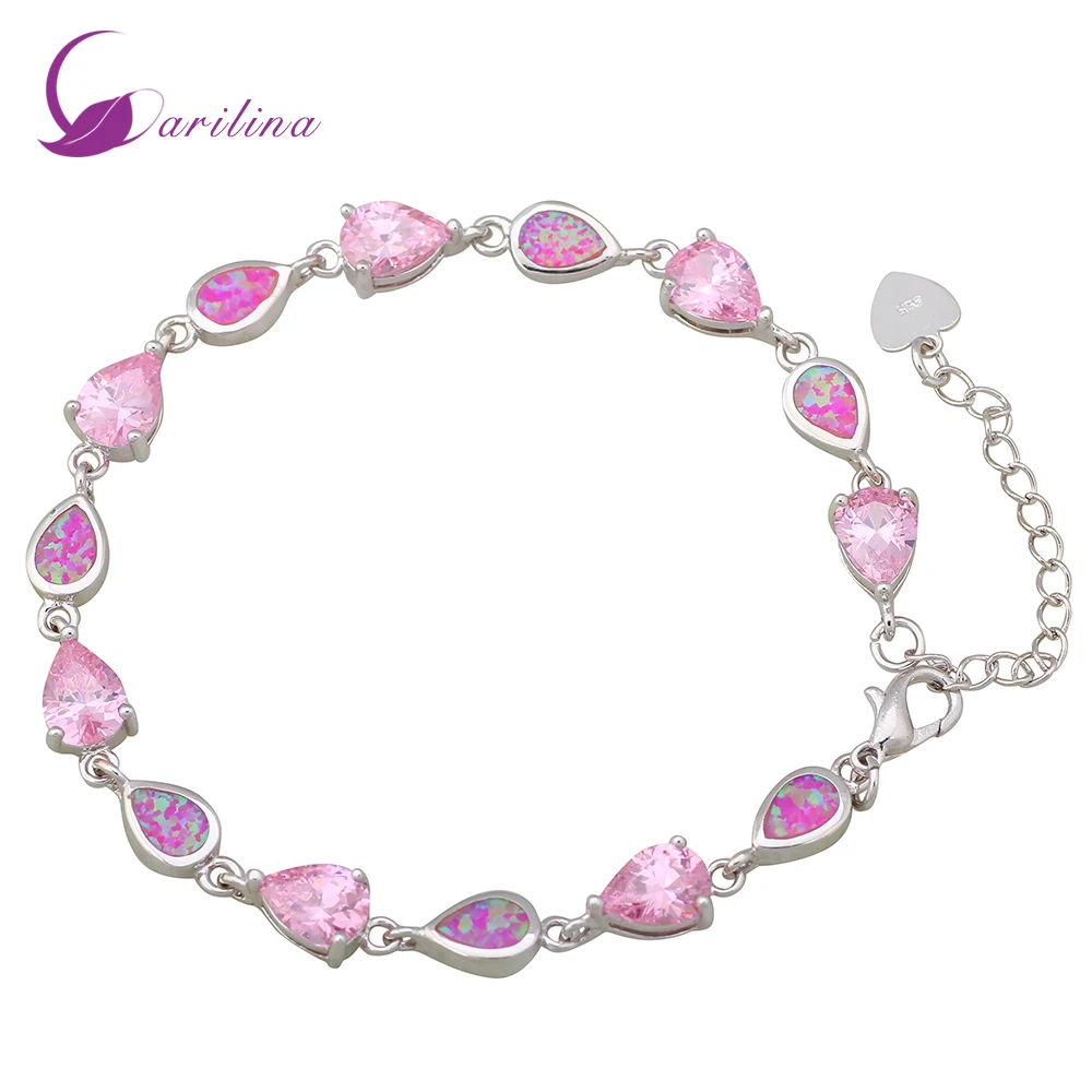 

New Romantic Jewelry Pink Fire Opal Silver Color Overlay Pink Crystal Bracelets For Womens 180mm 7.08 Inch B349