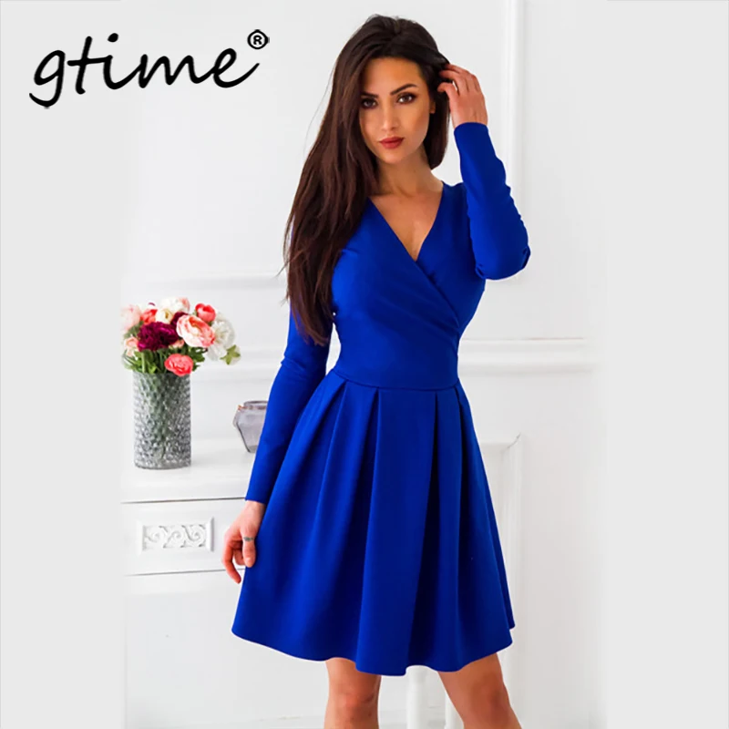 Gtime Прямая поставка женский длинный рукав ТРАПЕЦИЕВИДНОЕ ПЛАТЬЕ элегантное мини