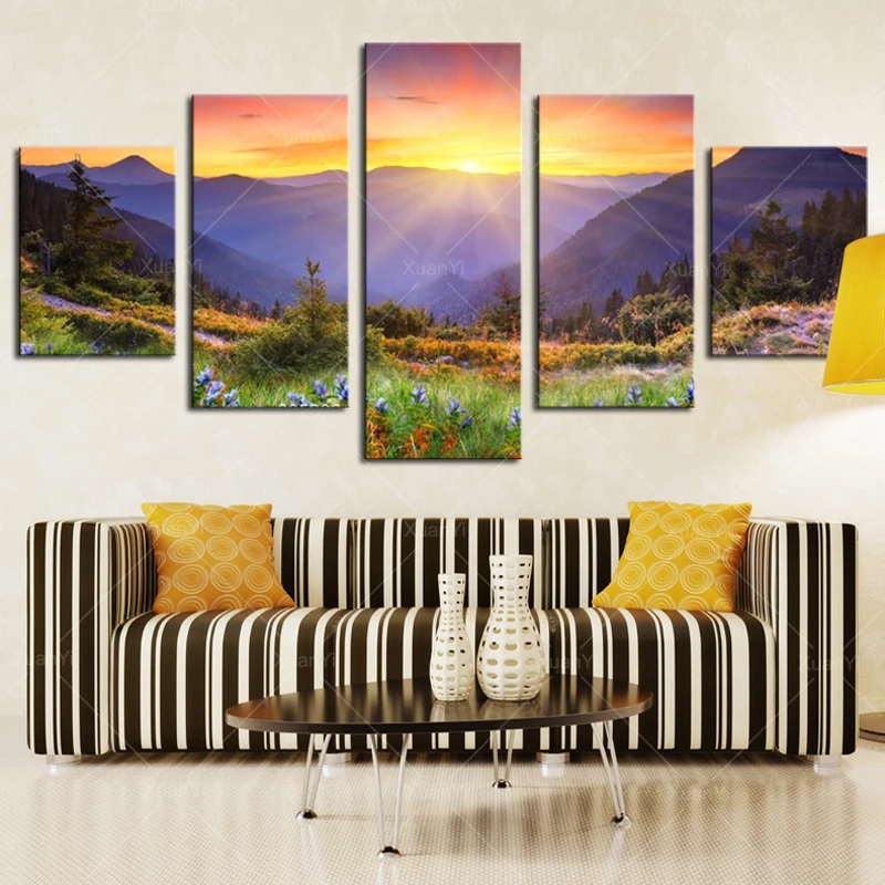 

5 Panel Modern Prints Landscape Mountains Painting Picture Canvas Wall Art Sunset Paintings For Living Room Unframed PR1040