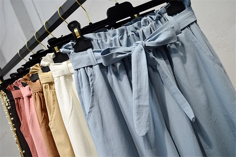 Women Casual Pants 2018 Autumn New Fashion Sash Elastic Waist 7 Colors High Wide Leg Loose Trousers | Женская одежда