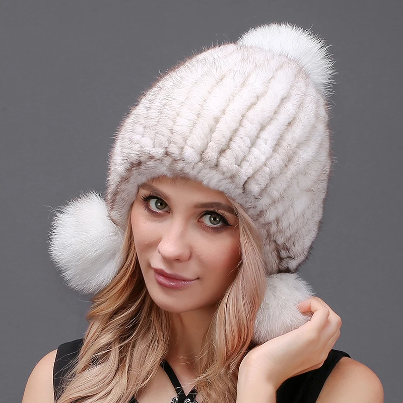 Женские шапки из 100% натурального меха норки вязаные шапочки шапка с двумя