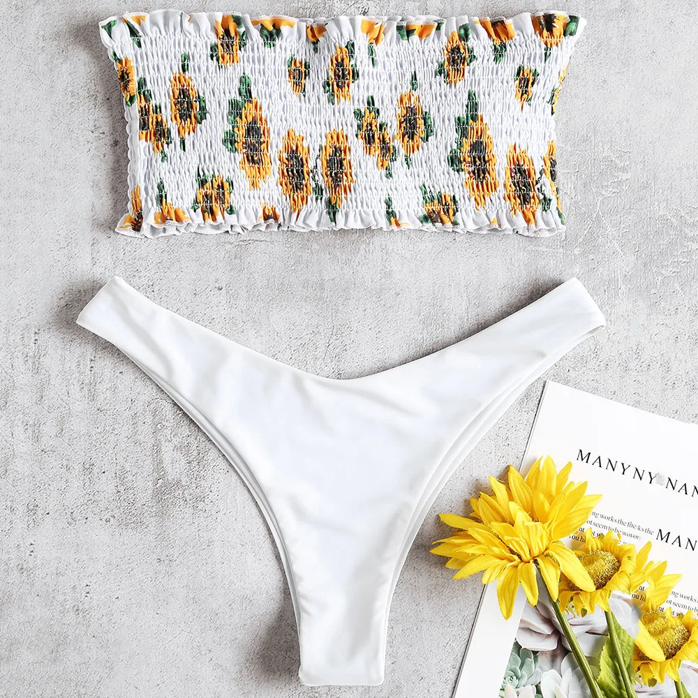 ZAFUL Бандо Подсолнух Копченый Стринги Shirred Женщины Набор Летний Пляж Две Части Наборы Новая Мода Женский Костюм Одежда