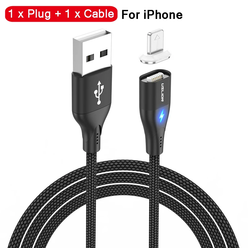 Black For iPhone Магнитный кабель для быстрой зарядки USLION 1 м Micro usb type C для iPhone samsung Xiaomi 3A Micro usb type-C Магнитный кабель для зарядки и передачи данных - Цвет: Black For iPhone