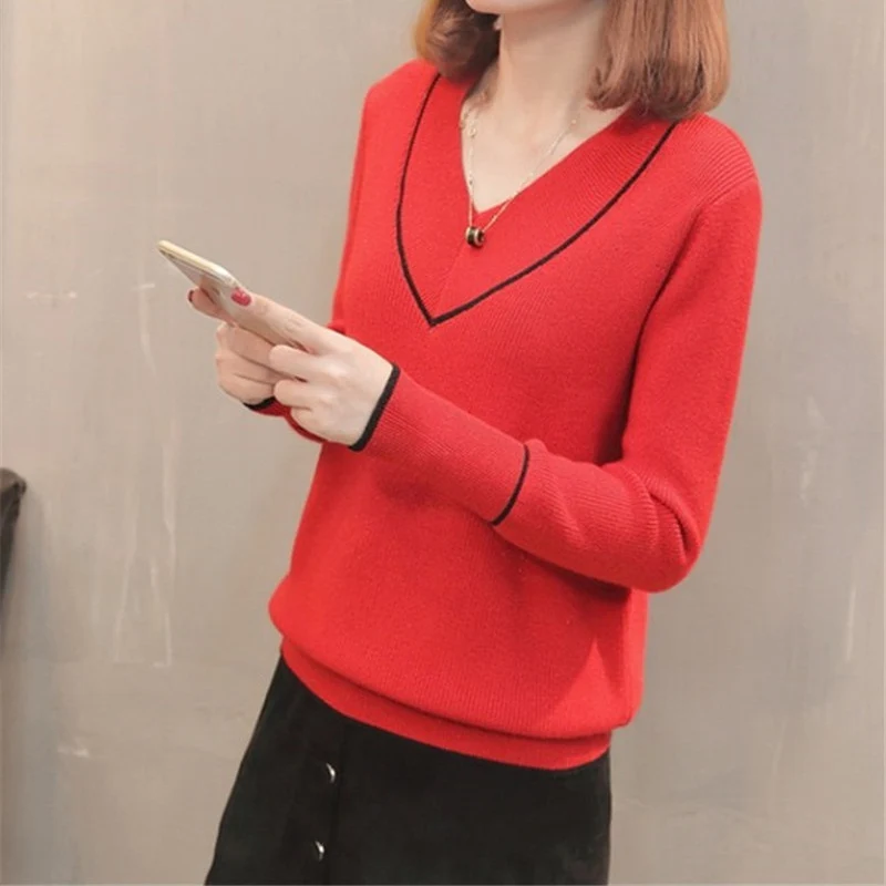 2019 Spring Autumn Women Sweater Pullover Knitted Plus Size Loose V-neck Long-sleeve Ladies Casual Jumper Pull Femme Top R152 | Женская