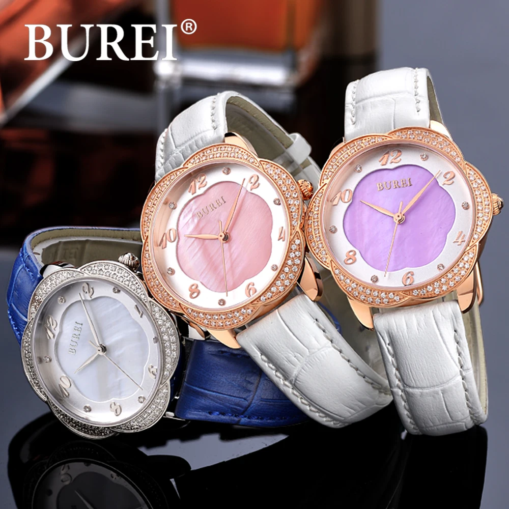 BUREI белые кожаный ремешок наручные часы из нержавеющей алмазов цветок Стальной