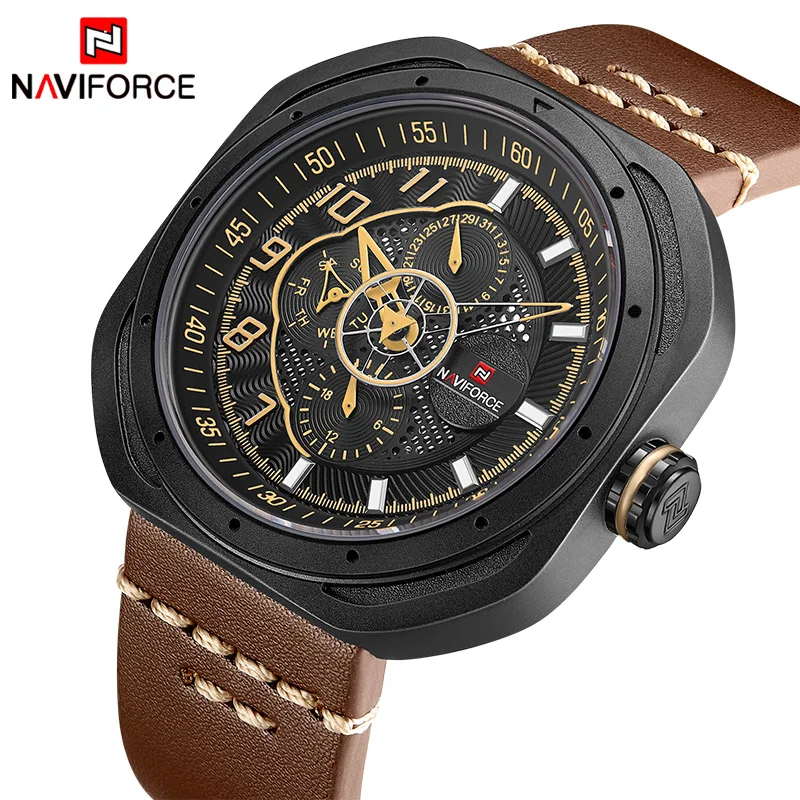 Часы NAVIFORCE мужские спортивные кварцевые водонепроницаемые с кожаным