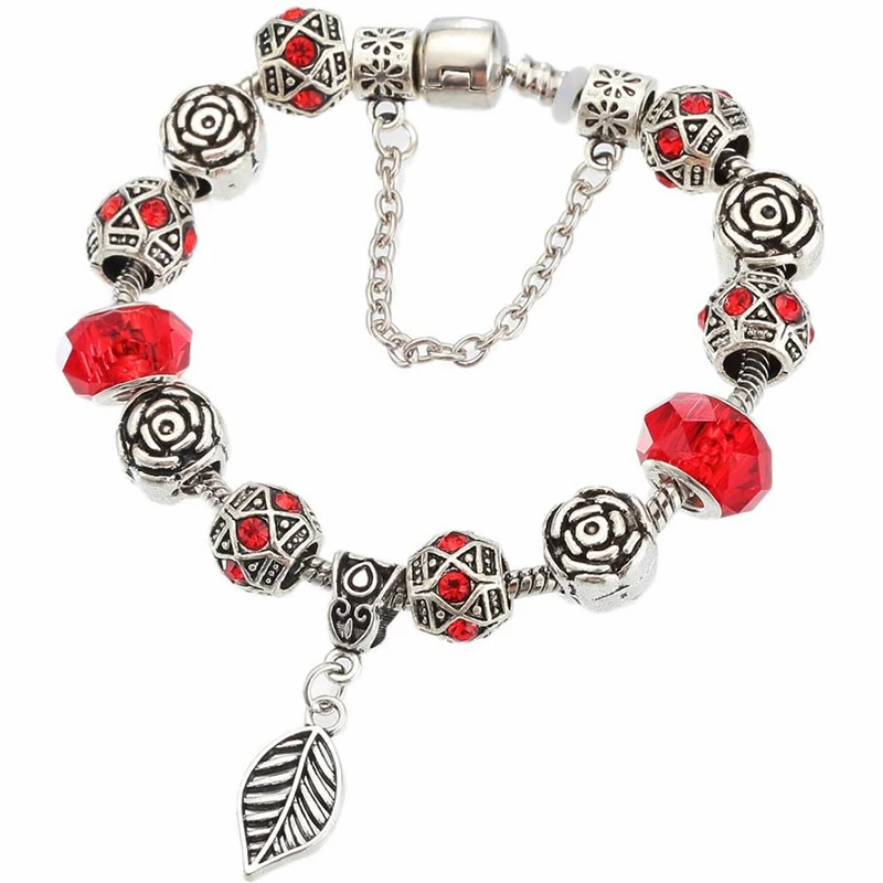 YKIN NEW Fashion Silver plated Bangles Crystal Beads Leaf shape Bracelets Antique Charm Vintage Jewelry for Women | Украшения и