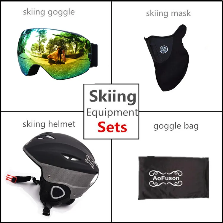Лыжное снаряжение комплект шлем с Goggle безопасность цельно формованные размера плюс бархатный шлем двухслойные противотуманные очки - Цвет: Black Frame Gold