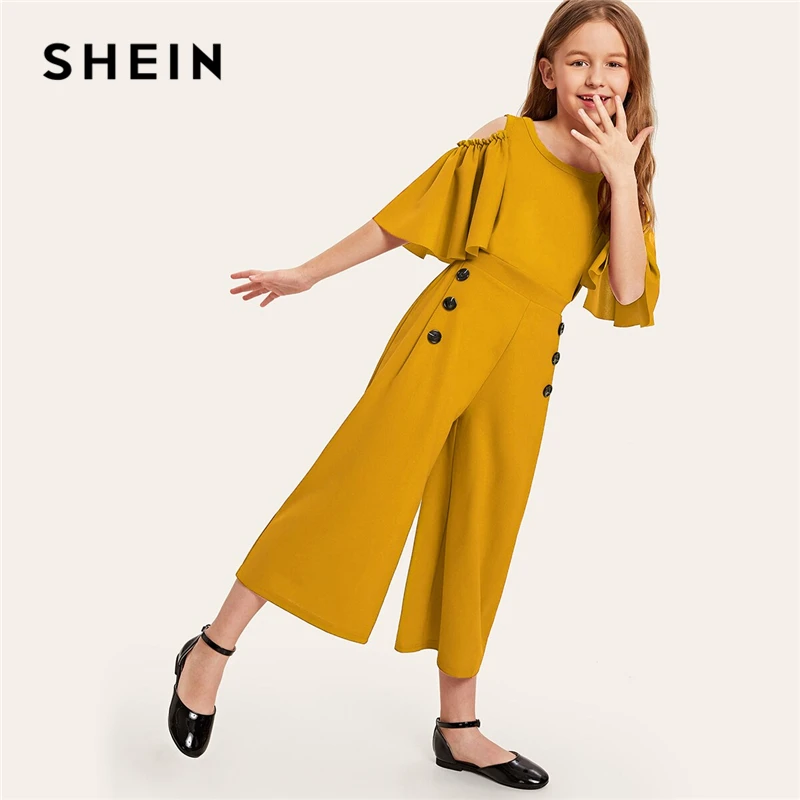 SHEIN/детский однотонный повседневный комбинезон с открытыми плечами и пуговицами сбоку для девочек; коллекция года; сезон лето; свободные длинные Комбинезоны на молнии с рукавами-воланами