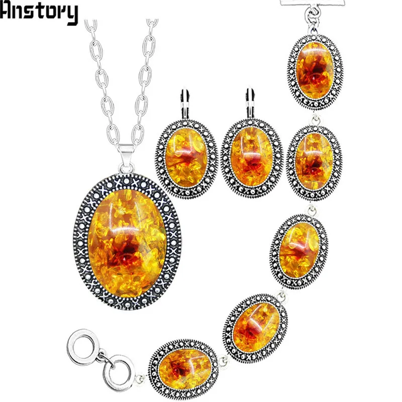 Oval Resin Flower Bead Necklace Earrings Bracelet Jewelry Set Vintage Look Antique Silver Plated Fashion Jewelry|Ювелирные наборы| |
