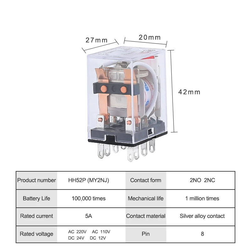 HH52P MY2NJ MY2 DPDT мини электромагнитные реле переключатель с многоконтактной штепсельной вилкой светодиодный AC 110 V 220 V DC 12 V 24 V 5A реле питания 8 Pin катушка