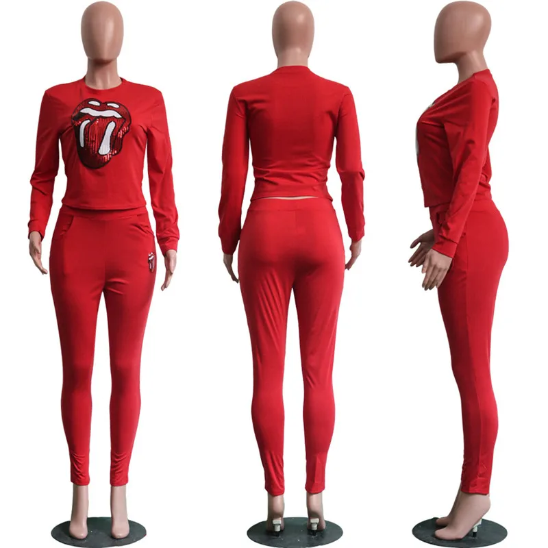 Sequined Red Lips Pattern Fashion Women Set Casual O Neck Long Sleeve Tops Elastic Waist Skinny Leggings Suit Two Pieces Online | Женские