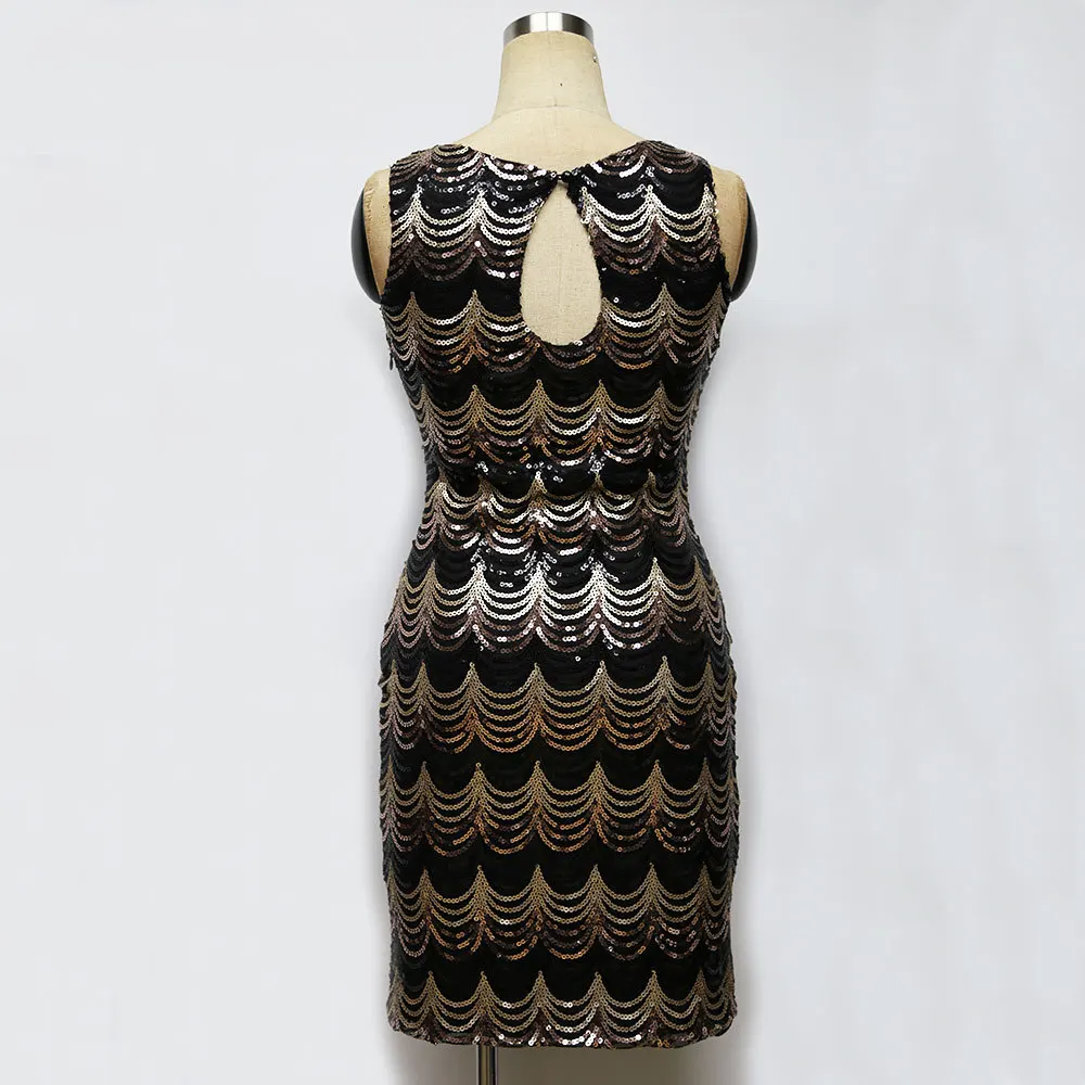 Платье без рукавов в английском стиле золотое черное с блестками сексуальное