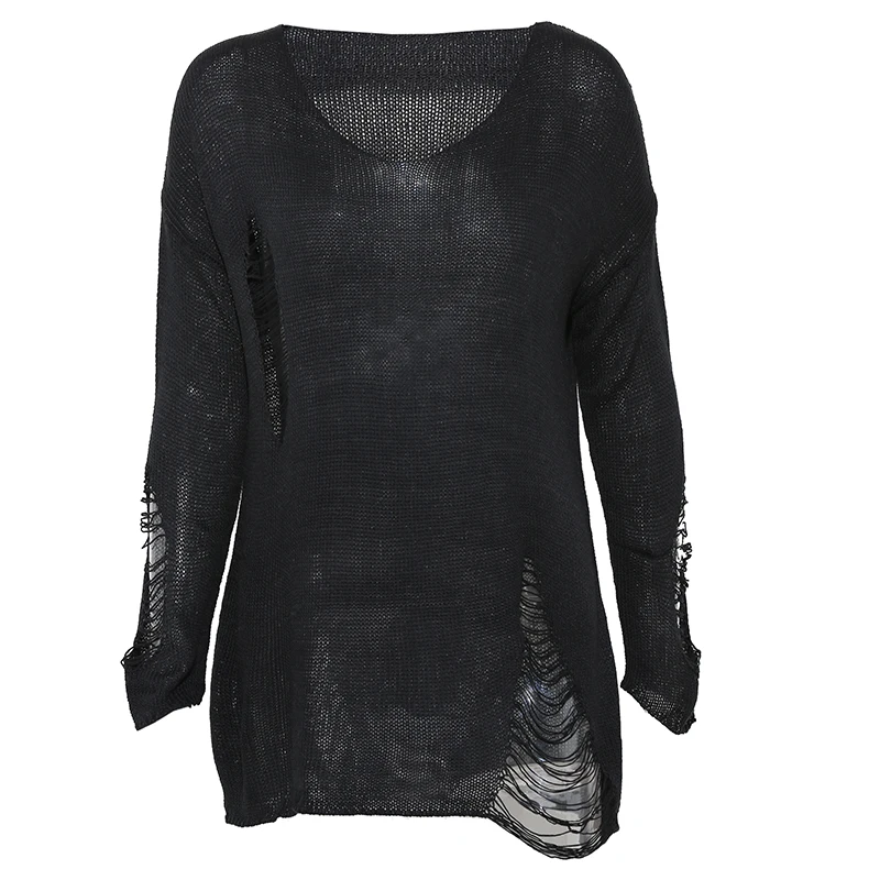 Chictorso Long Sleeve Ripped Jumpers Sexy Women Sweater Pullovers Spring Cut Out Knitted Casual Summer Sweaters Black 2018 New | Женская