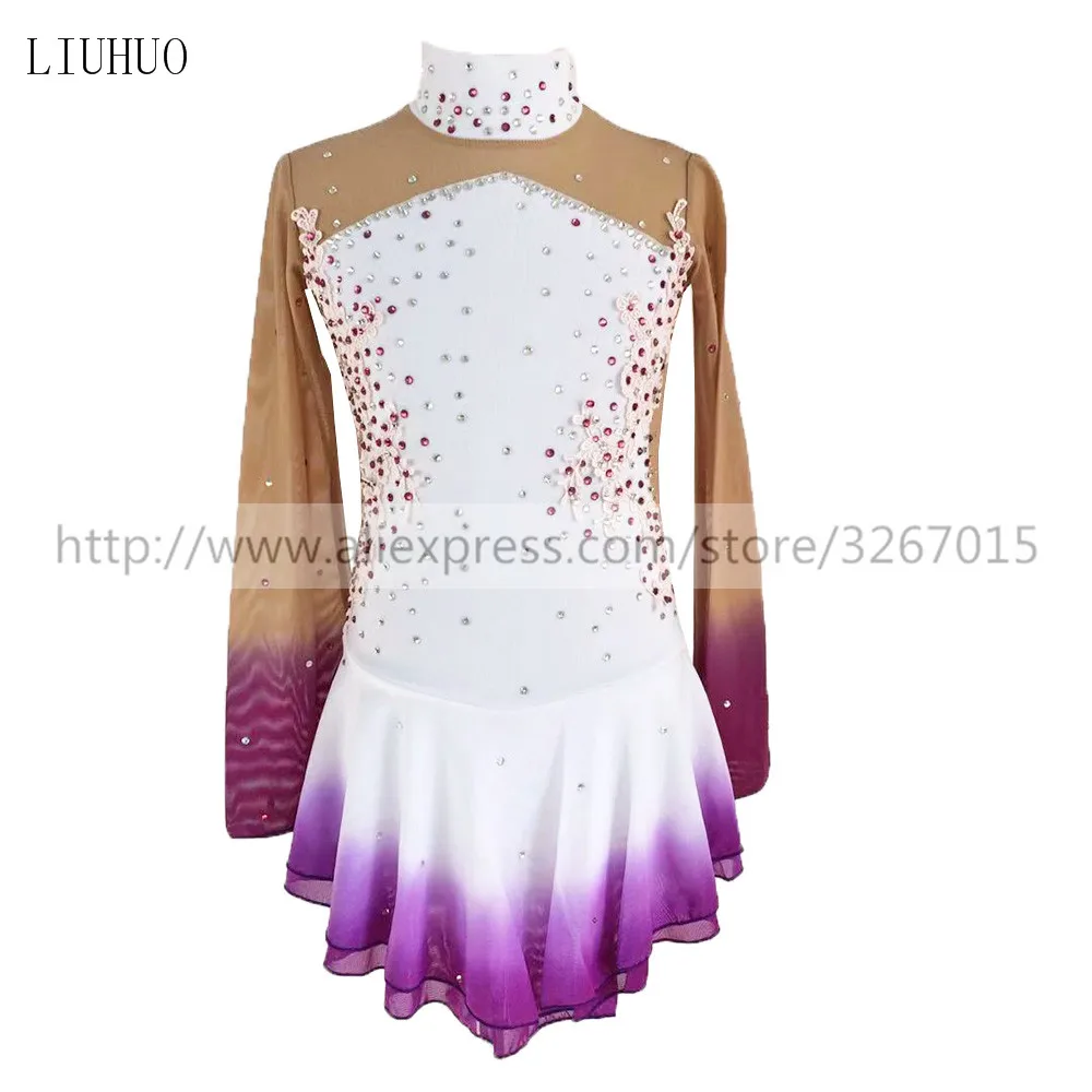 

LIUHUO Women Girl Ice Figure Skating Dress Competition Performance Costume Gradient Dance Leotard Skirt Roller White Purple Teen