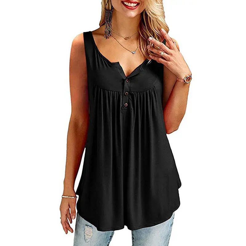 Лето 2018 Женская Повседневная футболка без рукавов на пуговицах с разрезом шее