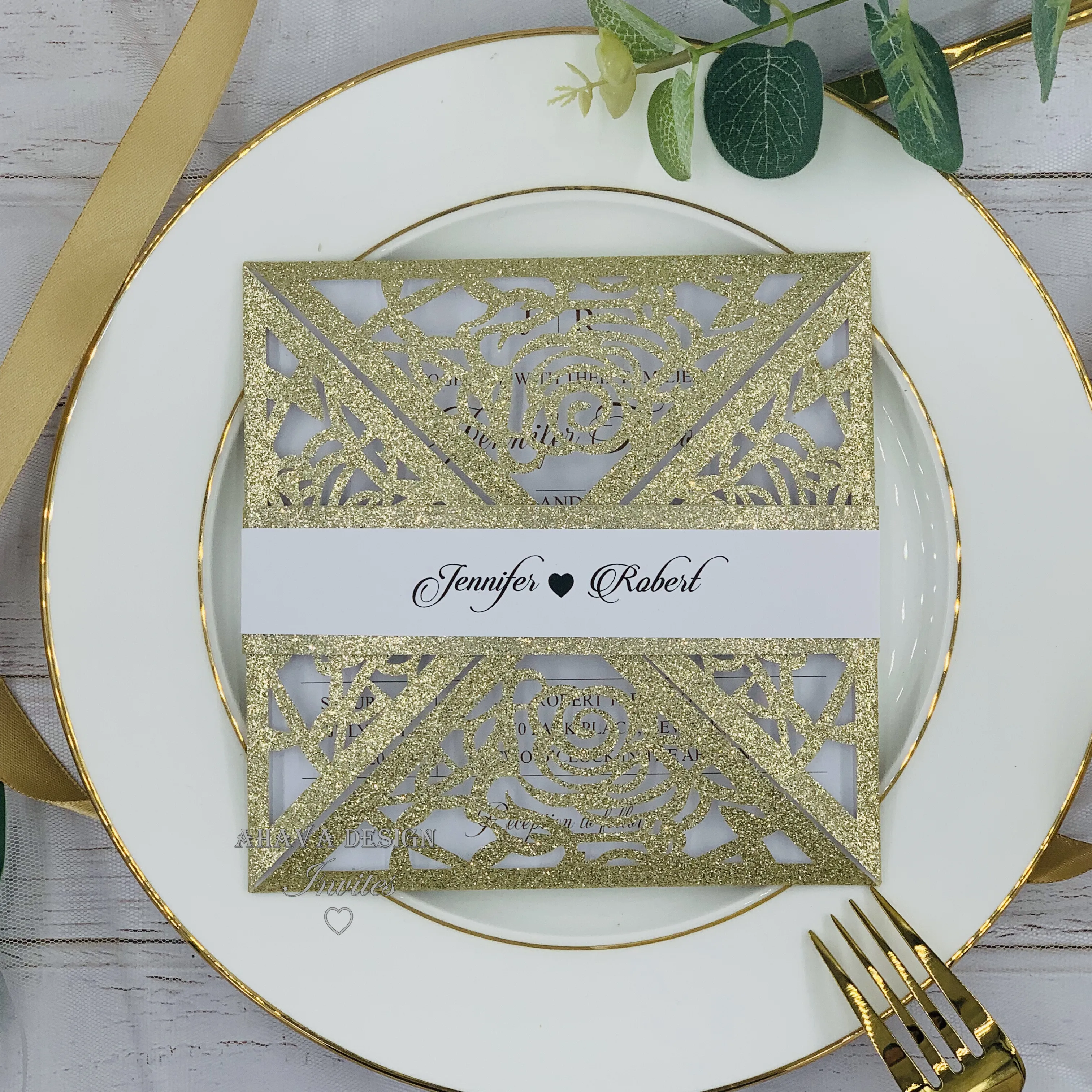 Luxury Glitter Champagne Square Laser Cut Wedding Invitation with Customized Insert, Belly Band And Envelope