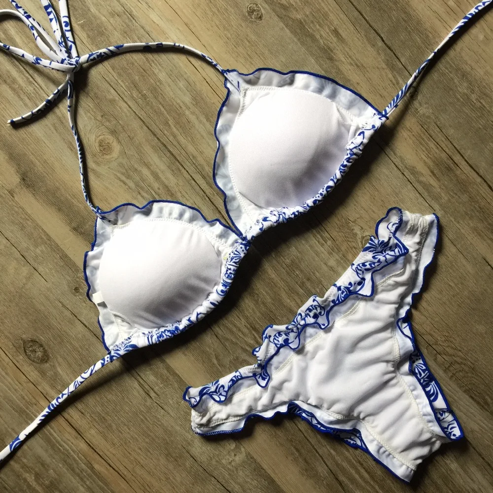 Blue and White Porcelain Bathing Suit Bikinis Swimwear Women Retro Vintage Bikini Set Low Waist Swimsuit Brazilian Biquinis