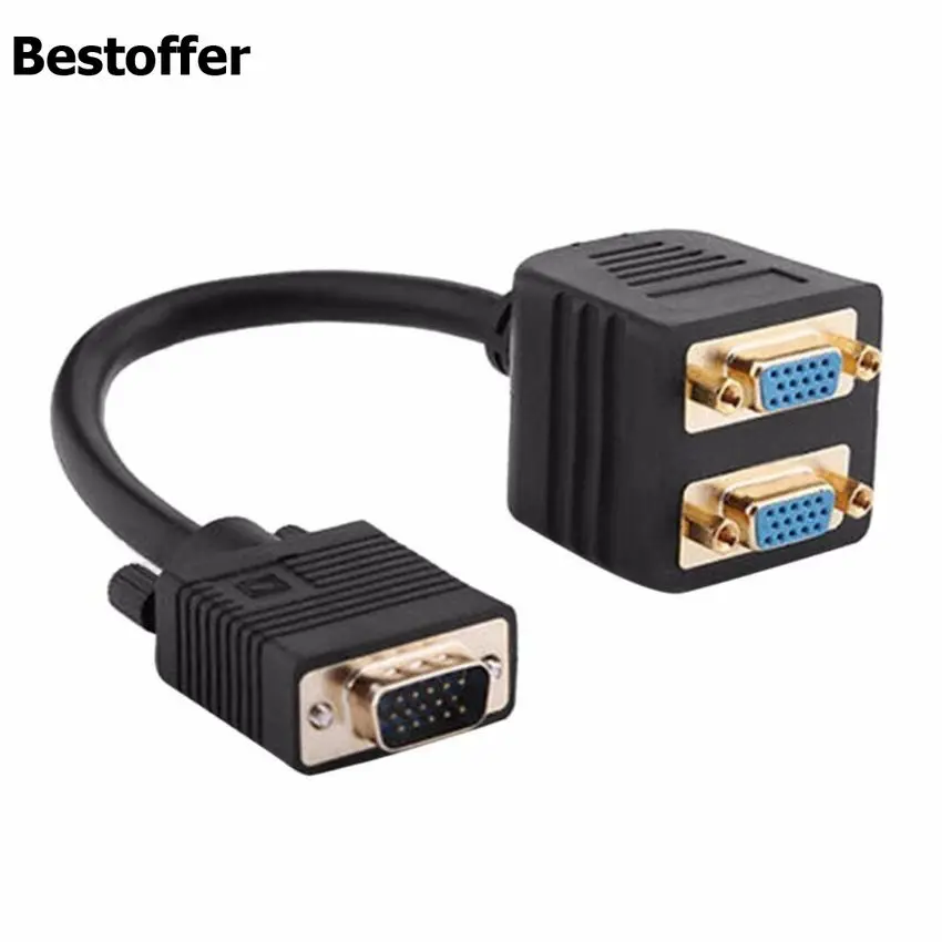 Gold Plated VGA 1 Male to Dual 2 VGA Female Converter Adapter Splitter Y Cable 0.25m
