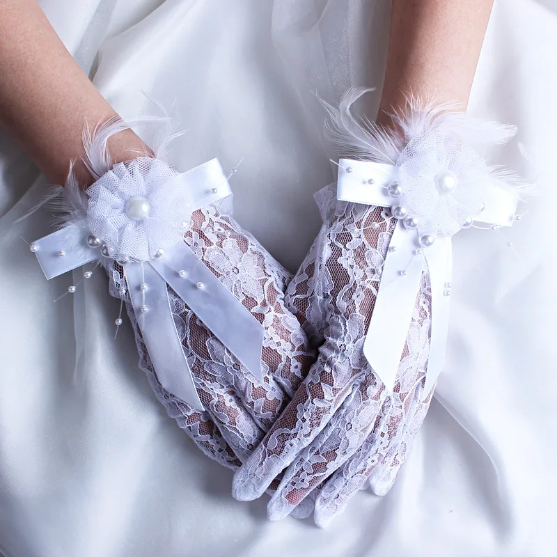 

New etiquette gloves short style beaded butterfly lace decorative gloves