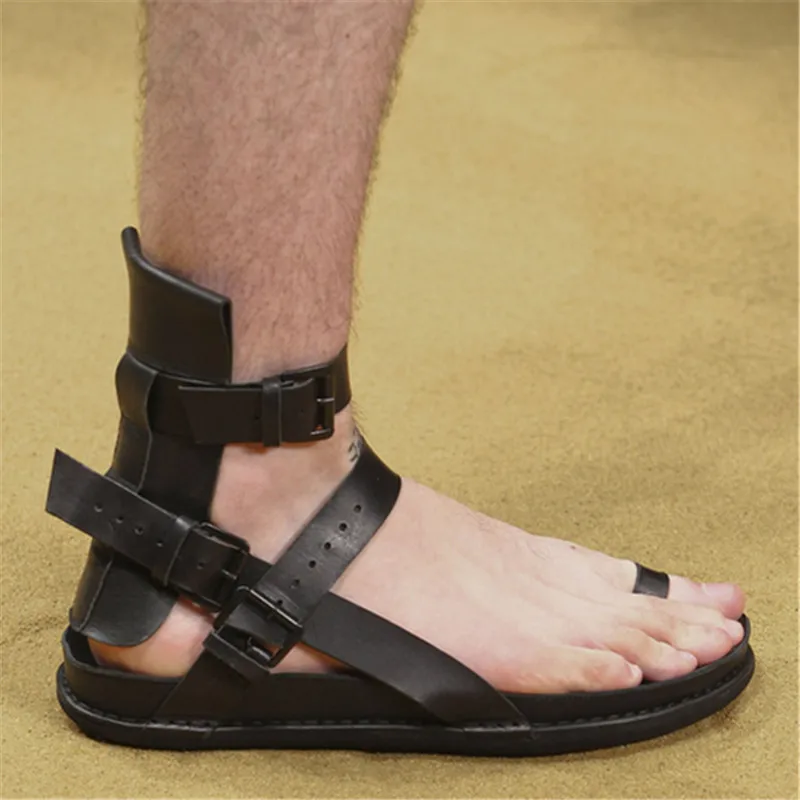Черные и уличные мужские летние сандалии-гладиаторы из натуральной кожи с