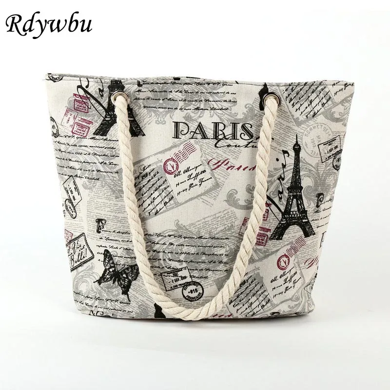 

Rdywbu 2018 Paris Tower Shell Printing Canvas Beach Shoulder Bag Women's Creative Rope Shopping Bag Big Summer Tote Handbag B103