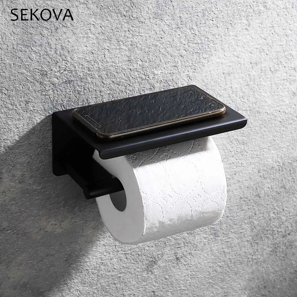 Черный держатель для туалетной бумаги из нержавеющей стали с платформой ванной