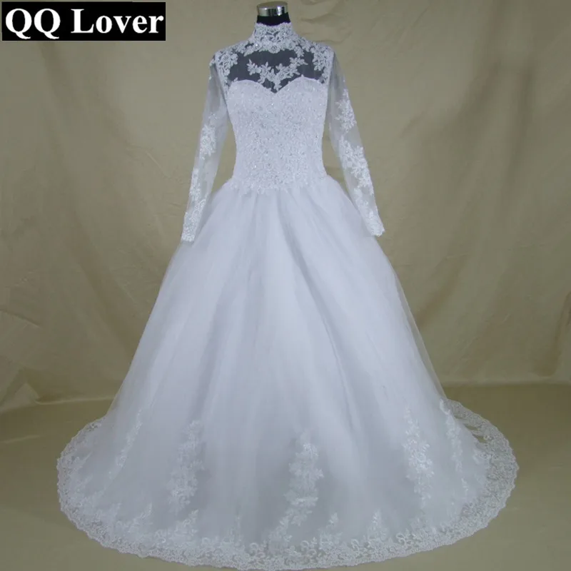 Свадебное платье QQ Lover кружевное бальное с высоким воротом и длинным рукавом