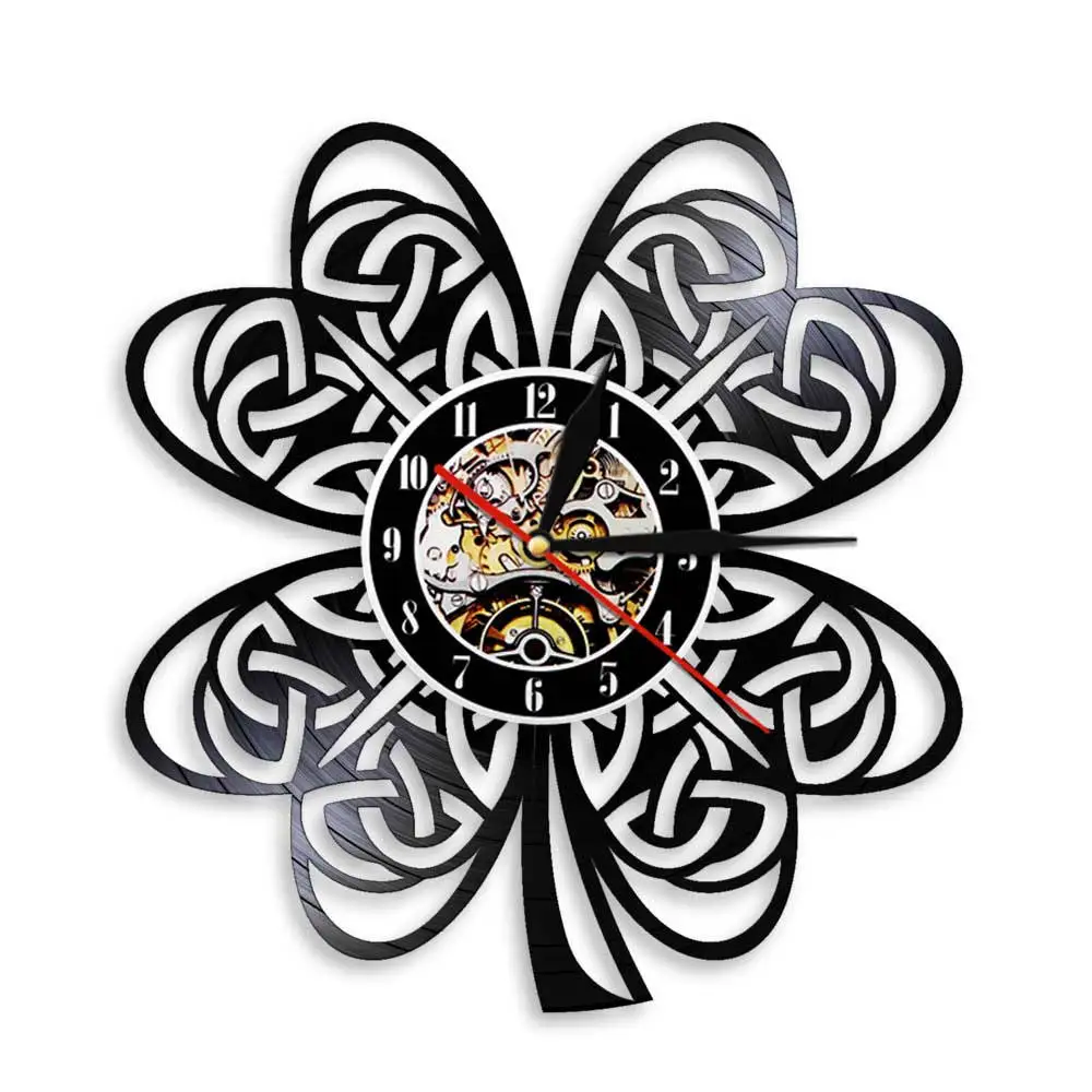 Irish Four Leaf Clover Plant Wall Watch Ireland Flag Special Knot Retro Vinyl Record Wall Clock Irish Saint Patrick's Day Gift