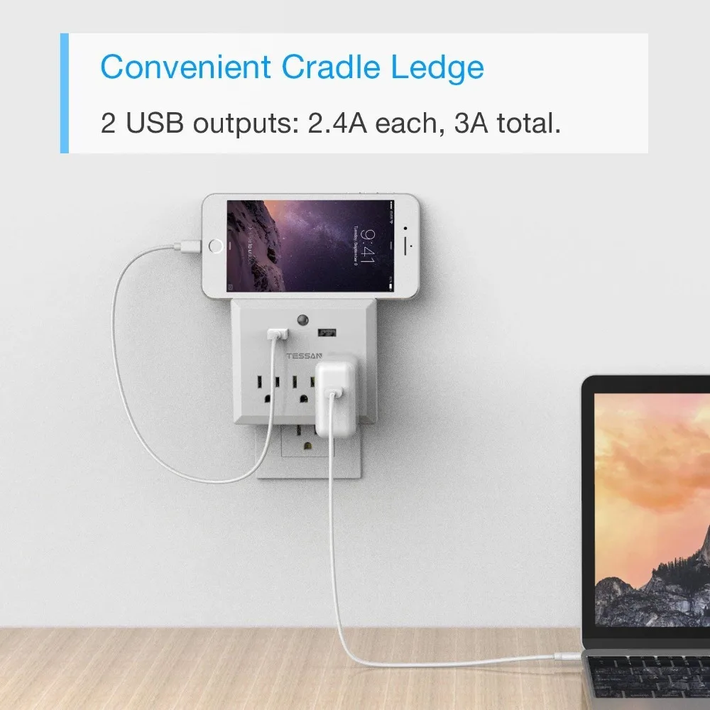 TESSAN США силовая полоса настенное крепление AC& USB розетки автоматический ночной Светильник для путешествий с американской вилкой много точек гнездо