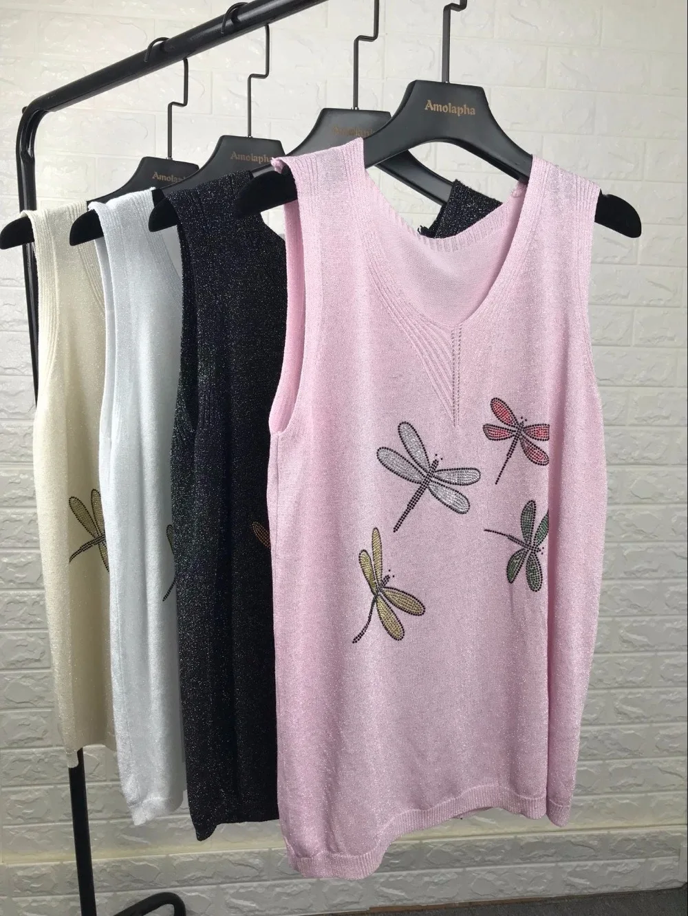 Amolapha Women Dragonfly Diamonds Knit Vest Shirts V Neck Sleeveless Summer Woman Casual T-shirt Tops | Женская одежда